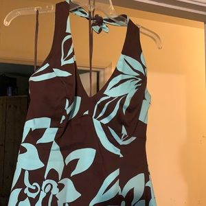 Brown and aqua floral halter dress